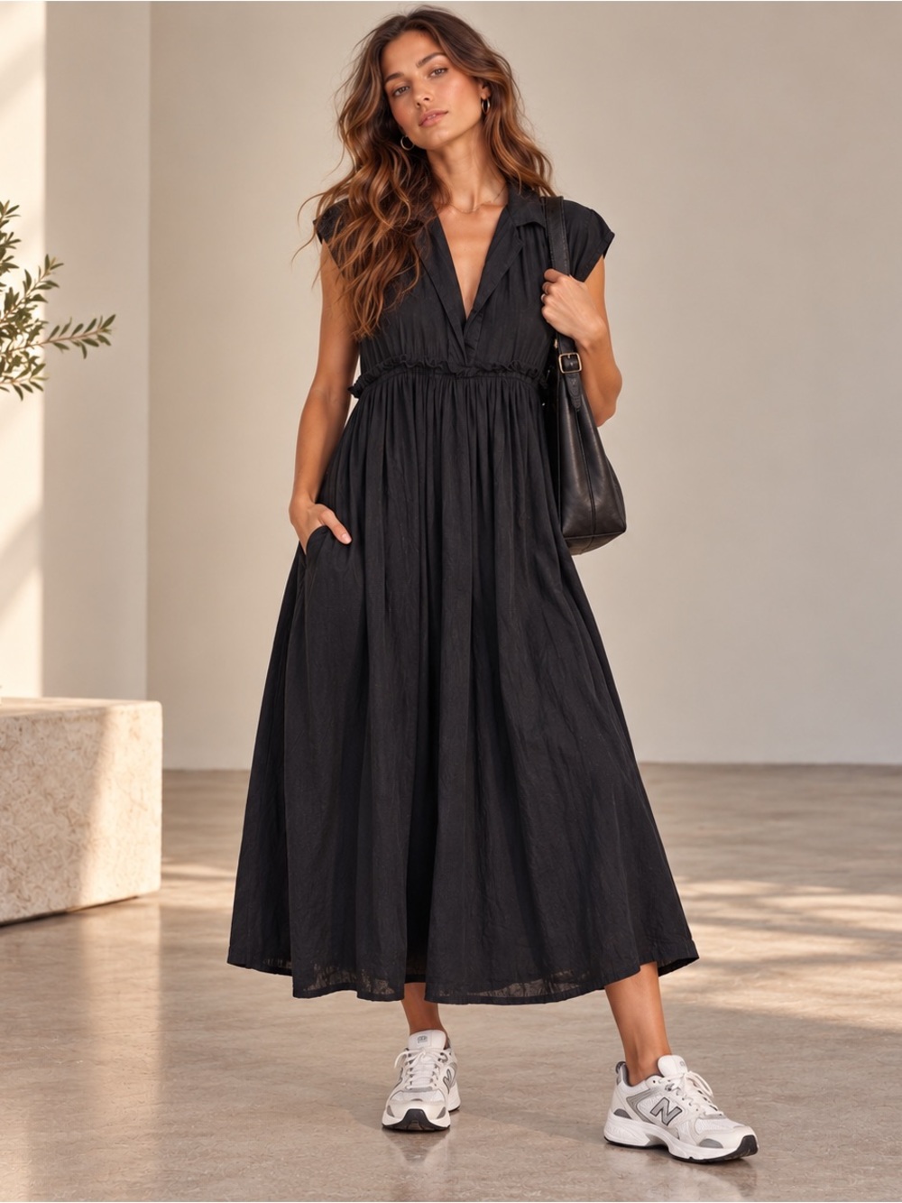 Free People Black Cotton Linen Billowy Midi Dress S Pockets